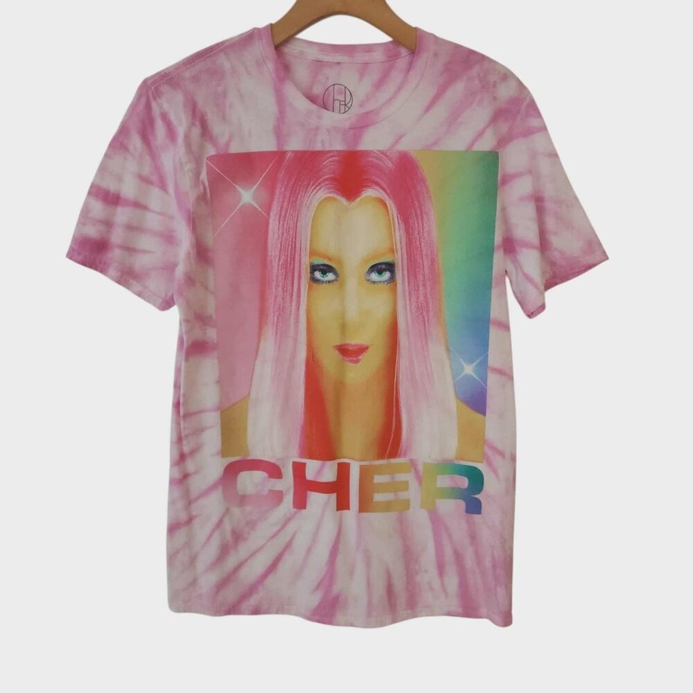 Cher‎ T-Shirt Pink Tie-Dyed Short Sleeve Graphic Tee Colorful Womens Size Large